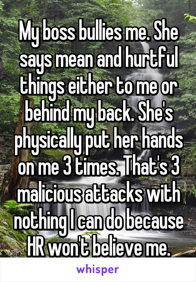 My boss bullies me. She says mean and hurtful things either to me or behind my back. She's physically put her hands on me 3 times. That's 3 malicious attacks with nothing I can do because HR won't believe me.