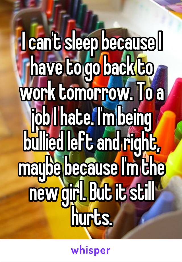 I can't sleep because I have to go back to work tomorrow. To a job I hate. I'm being bullied left and right, maybe because I'm the new girl. But it still hurts.