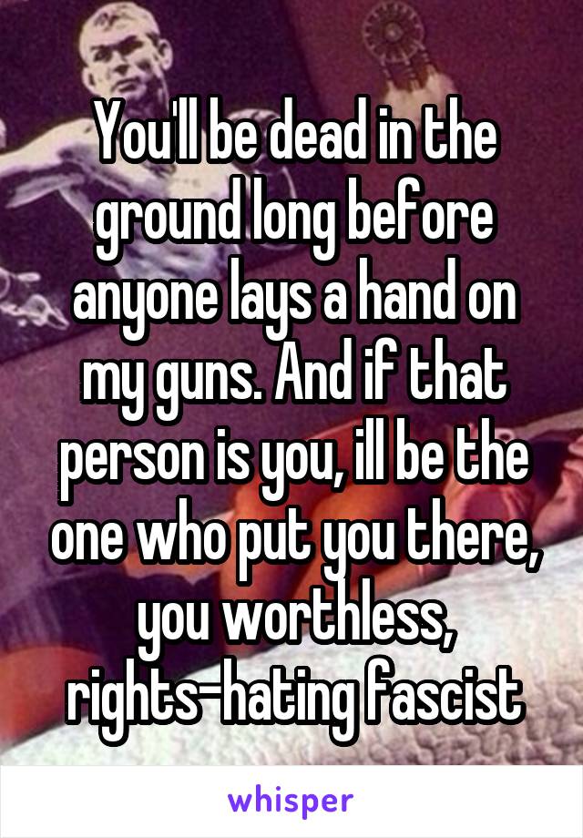 You'll be dead in the ground long before anyone lays a hand on my guns. And if that person is you, ill be the one who put you there, you worthless, rights-hating fascist