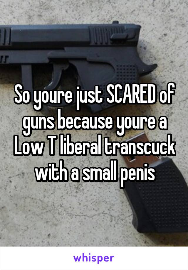 So youre just SCARED of guns because youre a Low T liberal transcuck with a small penis