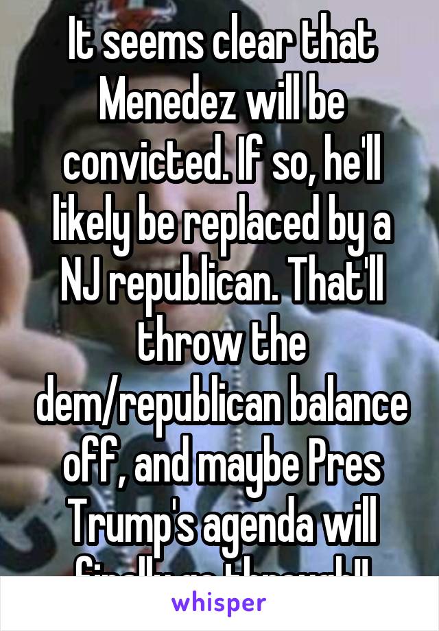 It seems clear that Menedez will be convicted. If so, he'll likely be replaced by a NJ republican. That'll throw the dem/republican balance off, and maybe Pres Trump's agenda will finally go through!!