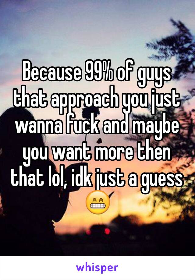 Because 99% of guys that approach you just wanna fuck and maybe you want more then that lol, idk just a guess 😁 