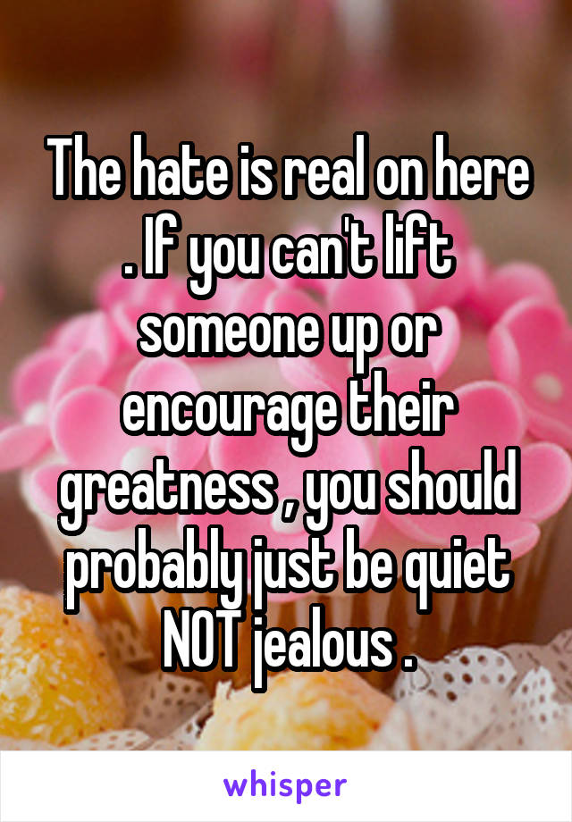 The hate is real on here . If you can't lift someone up or encourage their greatness , you should probably just be quiet NOT jealous .
