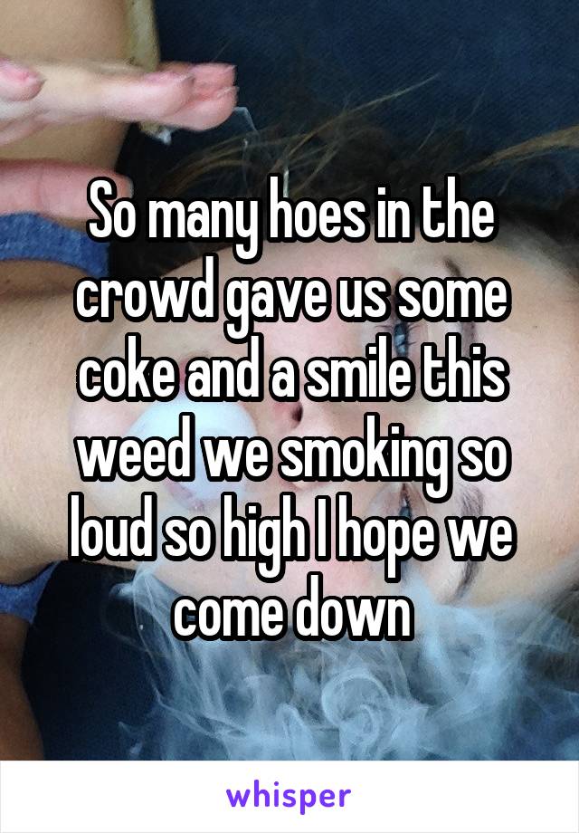 So many hoes in the crowd gave us some coke and a smile this weed we smoking so loud so high I hope we come down