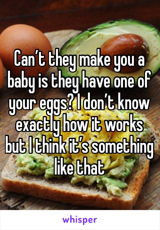 Can’t they make you a baby is they have one of your eggs? I don’t know exactly how it works but I think it’s something like that