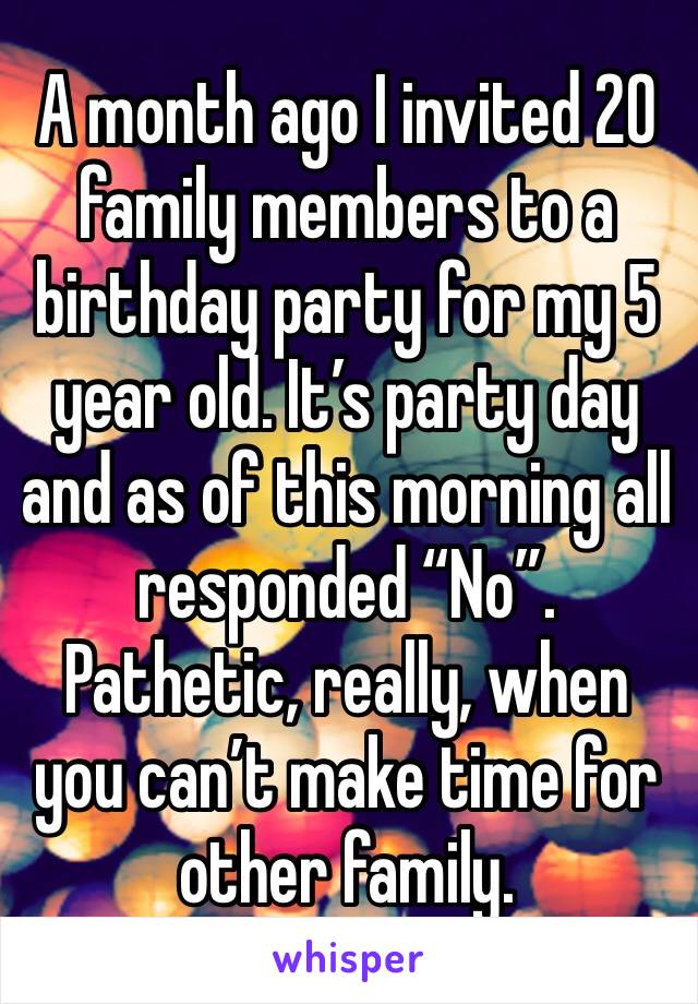A month ago I invited 20 family members to a birthday party for my 5 year old. It’s party day and as of this morning all responded “No”. 
Pathetic, really, when you can’t make time for other family. 