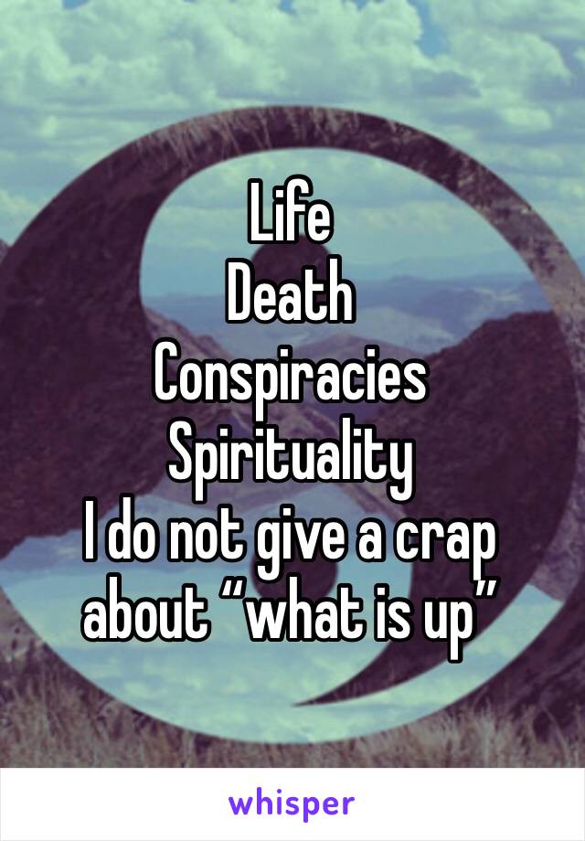 Life
Death
Conspiracies 
Spirituality 
I do not give a crap about “what is up” 