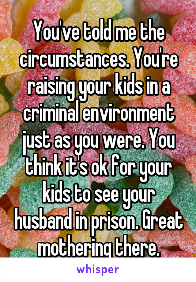You've told me the circumstances. You're raising your kids in a criminal environment just as you were. You think it's ok for your kids to see your husband in prison. Great mothering there.