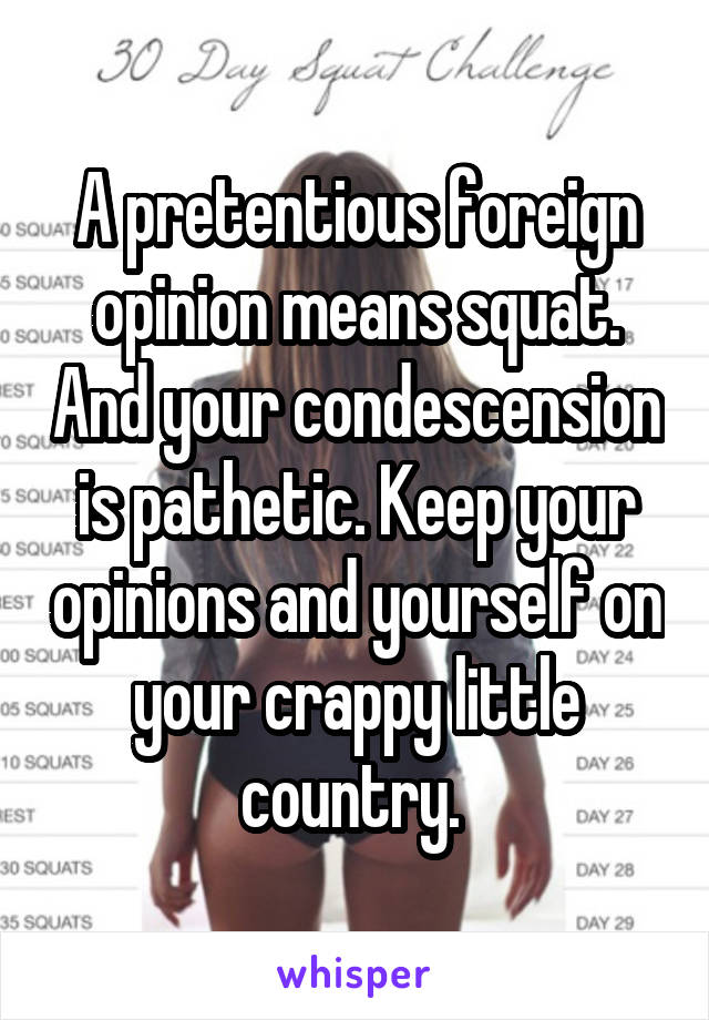 A pretentious foreign opinion means squat. And your condescension is pathetic. Keep your opinions and yourself on your crappy little country. 