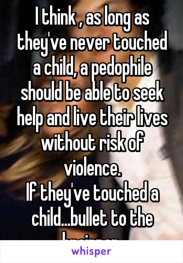 I think , as long as they've never touched a child, a pedophile should be able to seek help and live their lives without risk of violence.
If they've touched a child...bullet to the brainpan.