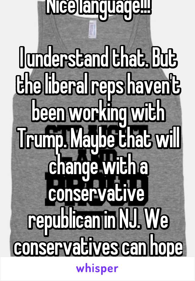 Nice language!!!

I understand that. But the liberal reps haven't been working with Trump. Maybe that will change with a conservative  republican in NJ. We conservatives can hope at least. 