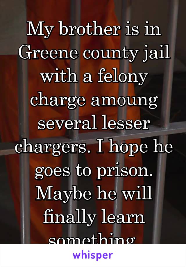 My brother is in Greene county jail with a felony charge amoung several lesser chargers. I hope he goes to prison. Maybe he will finally learn something 