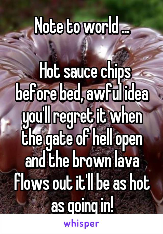 Note to world ...

  Hot sauce chips before bed, awful idea you'll regret it when the gate of hell open and the brown lava flows out it'll be as hot as going in!