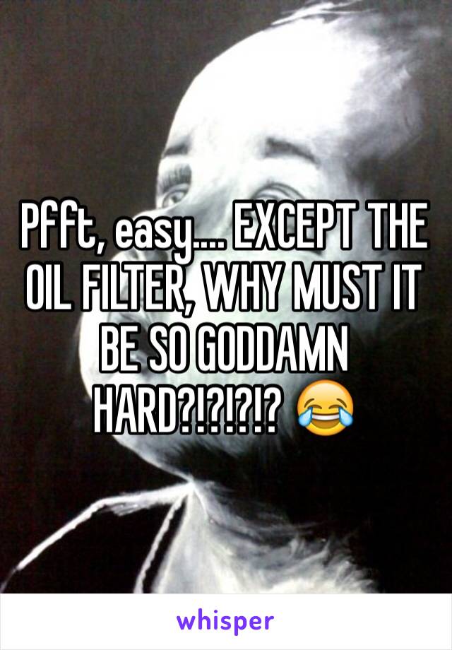 Pfft, easy.... EXCEPT THE OIL FILTER, WHY MUST IT BE SO GODDAMN HARD?!?!?!? 😂