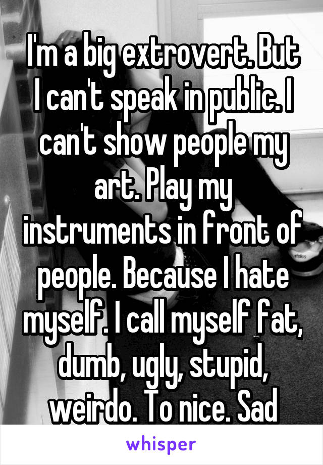 I'm a big extrovert. But I can't speak in public. I can't show people my art. Play my instruments in front of people. Because I hate myself. I call myself fat, dumb, ugly, stupid, weirdo. To nice. Sad