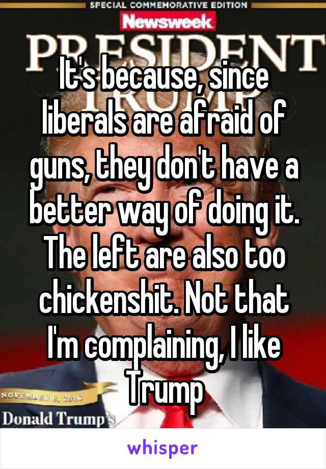 It's because, since liberals are afraid of guns, they don't have a better way of doing it. The left are also too chickenshit. Not that I'm complaining, I like Trump