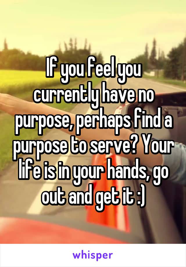 If you feel you currently have no purpose, perhaps find a purpose to serve? Your life is in your hands, go out and get it :)