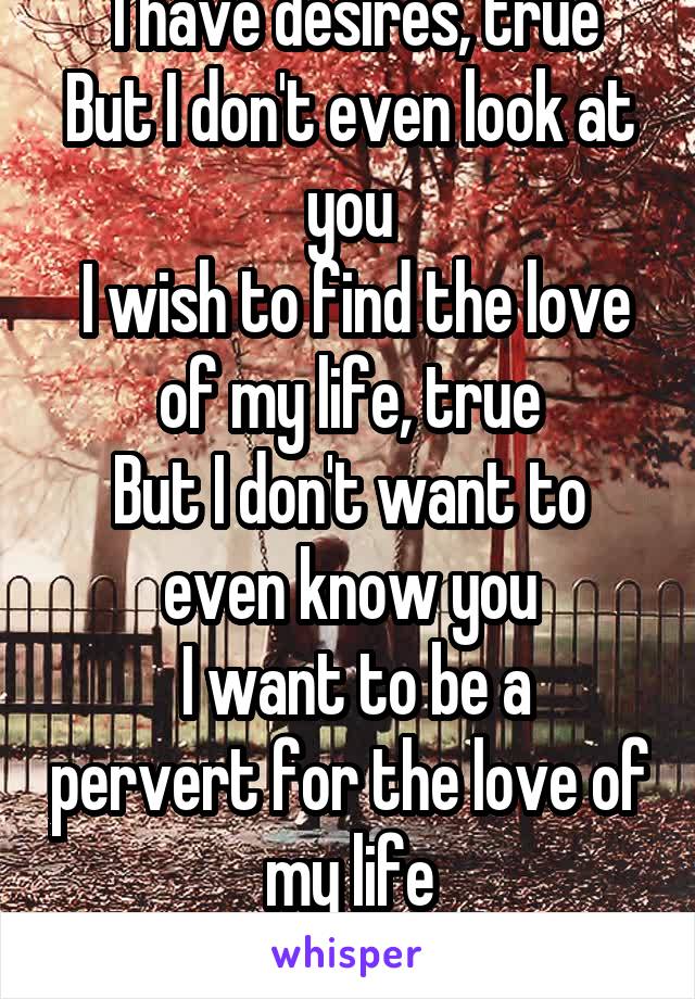  I have desires, true
But I don't even look at you
 I wish to find the love of my life, true
But I don't want to even know you
 I want to be a pervert for the love of my life
But I am not a pervert 