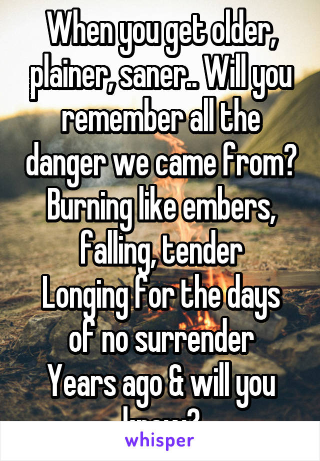 When you get older, plainer, saner.. Will you remember all the danger we came from? Burning like embers, falling, tender
Longing for the days of no surrender
Years ago & will you know?