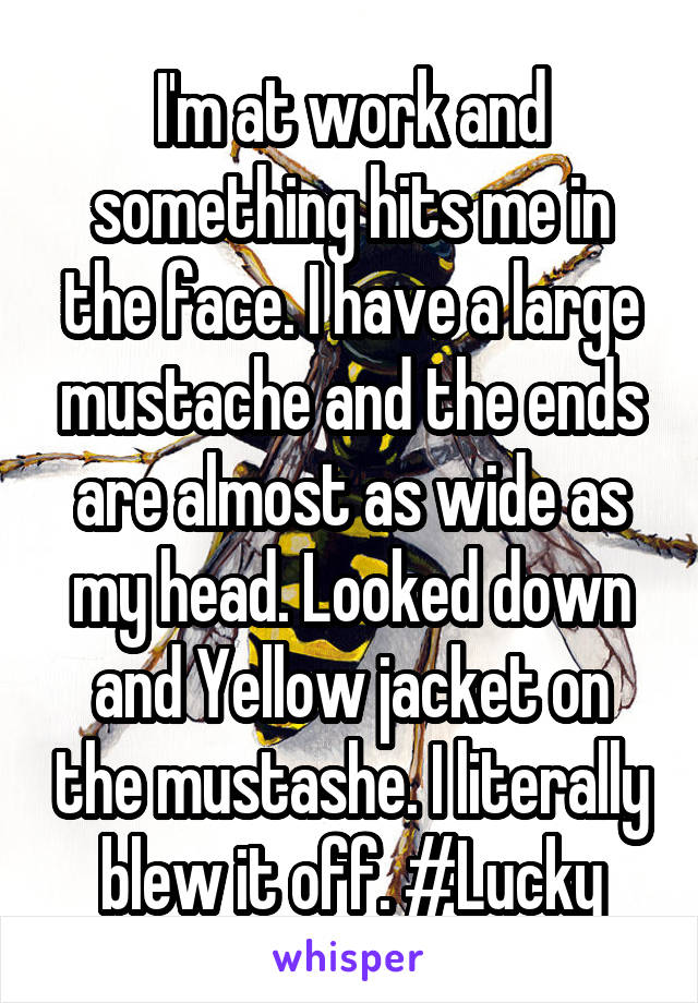 I'm at work and something hits me in the face. I have a large mustache and the ends are almost as wide as my head. Looked down and Yellow jacket on the mustashe. I literally blew it off. #Lucky