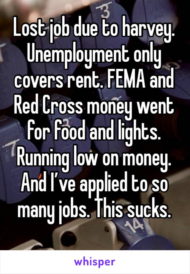 Lost job due to harvey. Unemployment only covers rent. FEMA and Red Cross money went for food and lights. Running low on money. 
And I’ve applied to so many jobs. This sucks. 