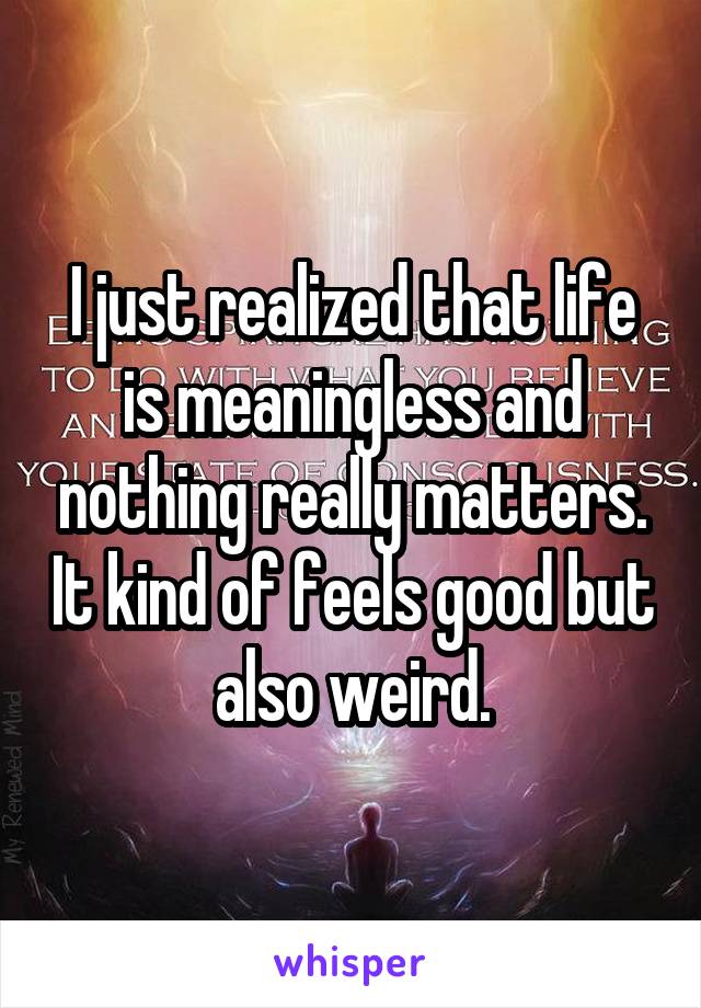 I just realized that life is meaningless and nothing really matters. It kind of feels good but also weird.