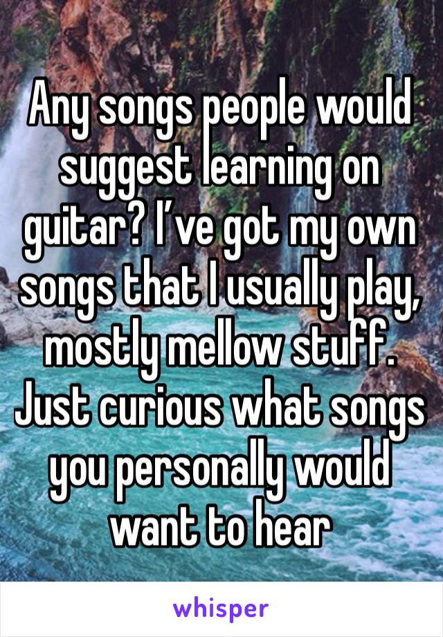 Any songs people would suggest learning on guitar? I’ve got my own songs that I usually play, mostly mellow stuff. Just curious what songs you personally would want to hear