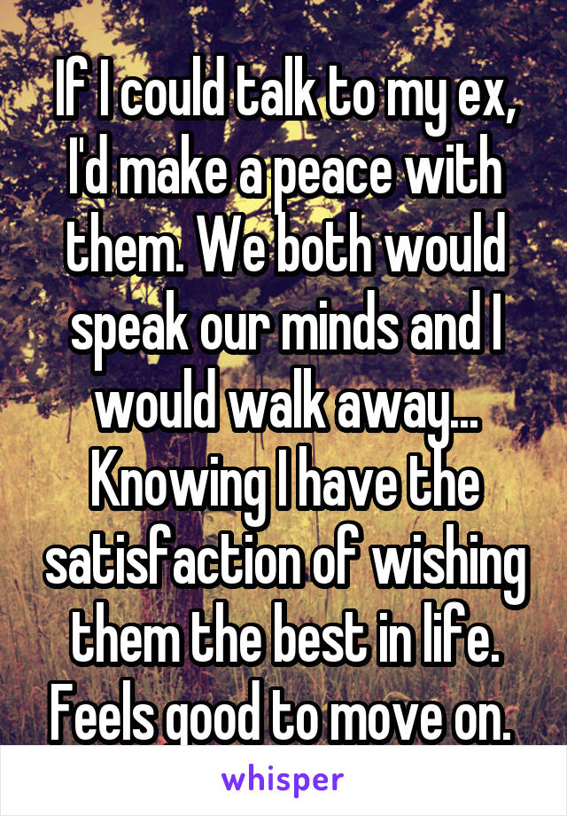 If I could talk to my ex, I'd make a peace with them. We both would speak our minds and I would walk away... Knowing I have the satisfaction of wishing them the best in life. Feels good to move on. 