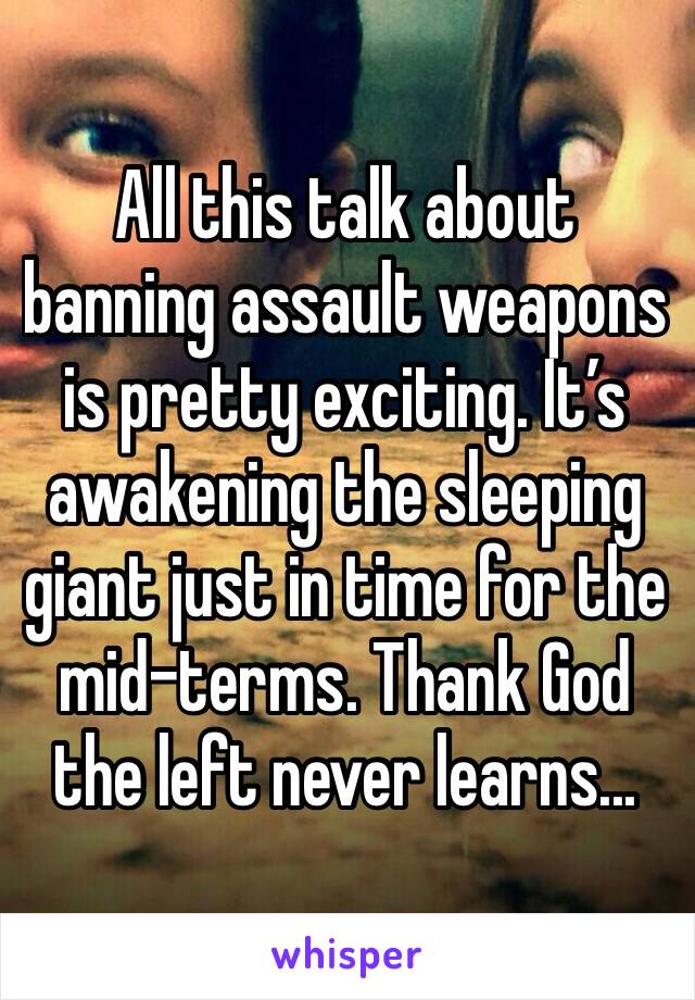 All this talk about banning assault weapons is pretty exciting. It’s awakening the sleeping giant just in time for the mid-terms. Thank God the left never learns...