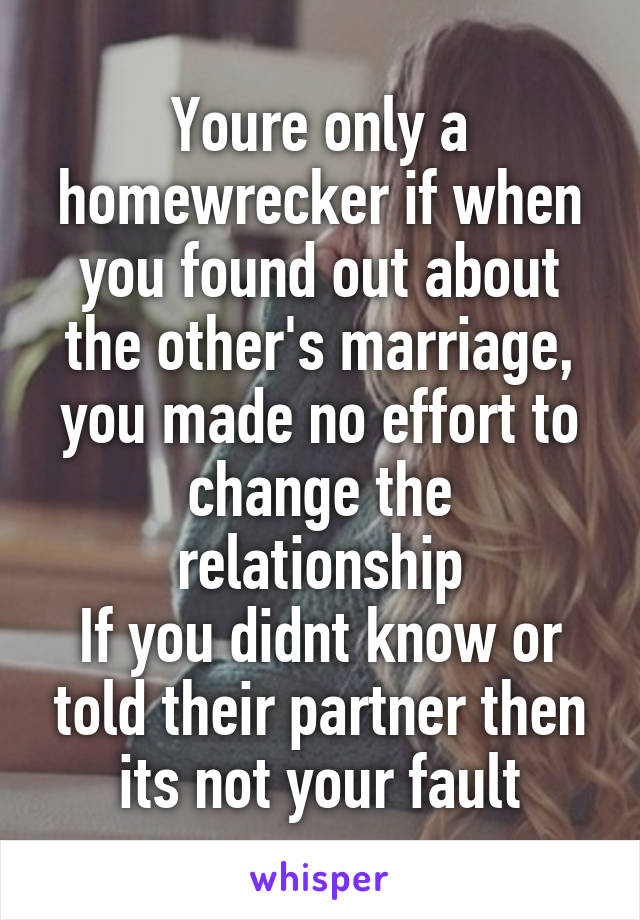 Youre only a homewrecker if when you found out about the other's marriage, you made no effort to change the relationship
If you didnt know or told their partner then its not your fault