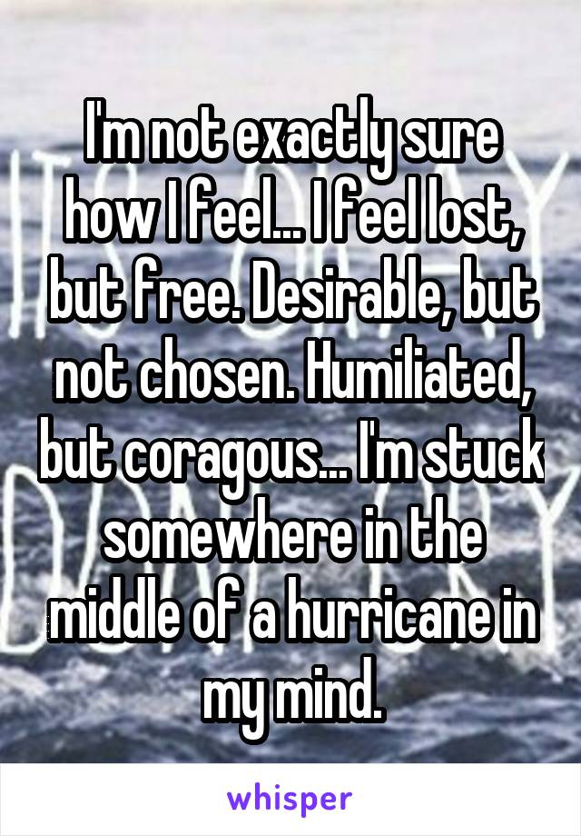 I'm not exactly sure how I feel... I feel lost, but free. Desirable, but not chosen. Humiliated, but coragous... I'm stuck somewhere in the middle of a hurricane in my mind.