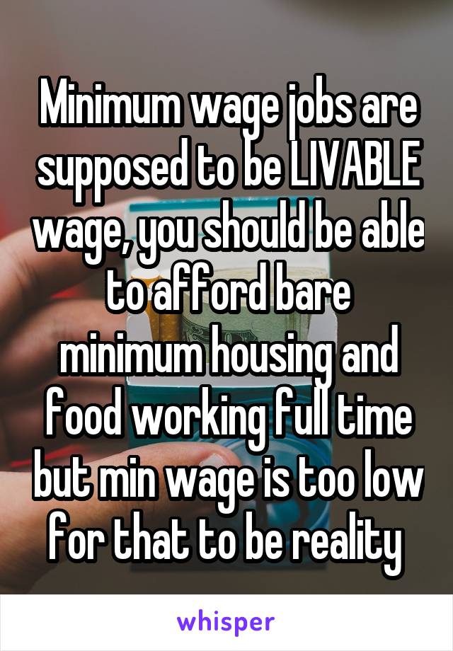 Minimum wage jobs are supposed to be LIVABLE wage, you should be able to afford bare minimum housing and food working full time but min wage is too low for that to be reality 