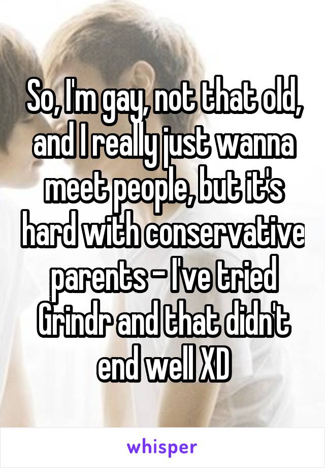 So, I'm gay, not that old, and I really just wanna meet people, but it's hard with conservative parents - I've tried Grindr and that didn't end well XD