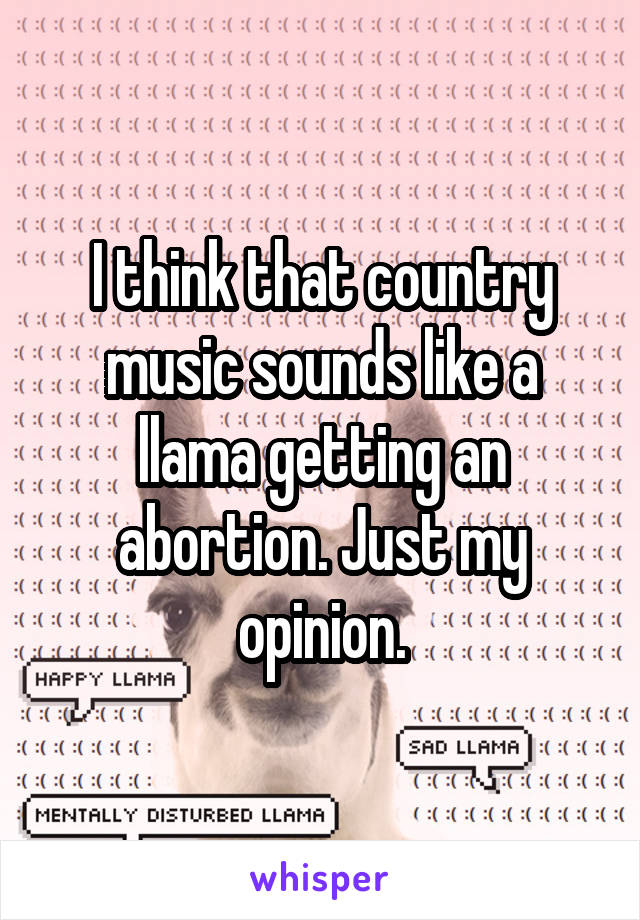 I think that country music sounds like a llama getting an abortion. Just my opinion.