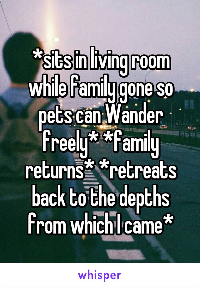 *sits in living room while family gone so pets can Wander freely* *family returns* *retreats back to the depths from which I came*