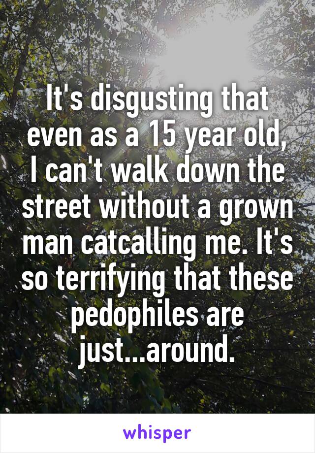 It's disgusting that even as a 15 year old, I can't walk down the street without a grown man catcalling me. It's so terrifying that these pedophiles are just...around.