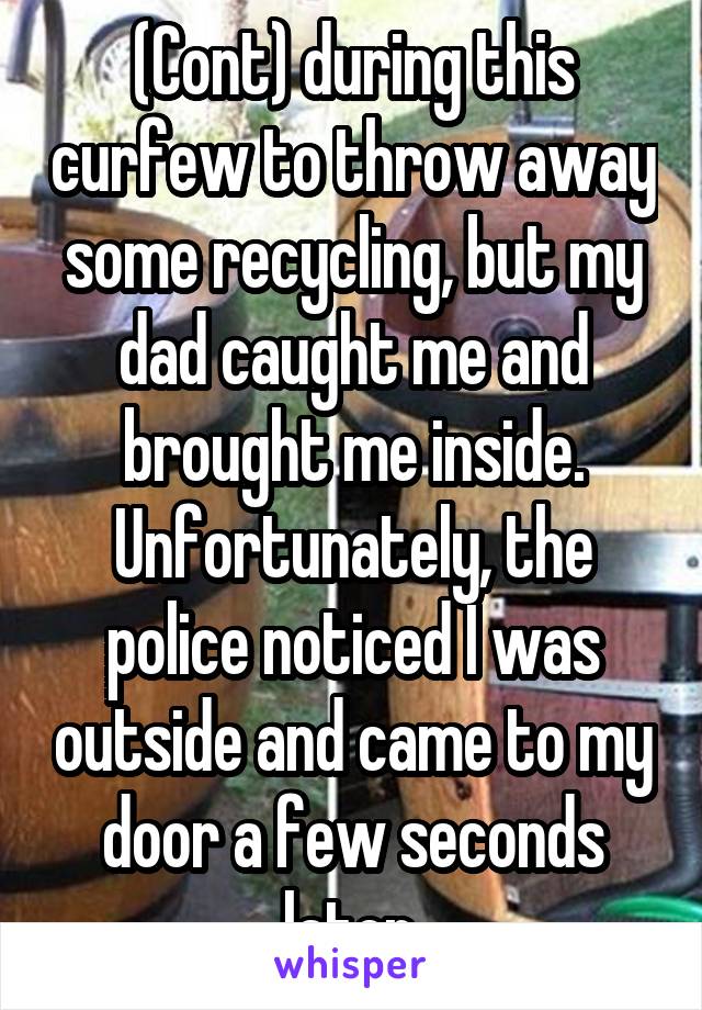 (Cont) during this curfew to throw away some recycling, but my dad caught me and brought me inside. Unfortunately, the police noticed I was outside and came to my door a few seconds later.