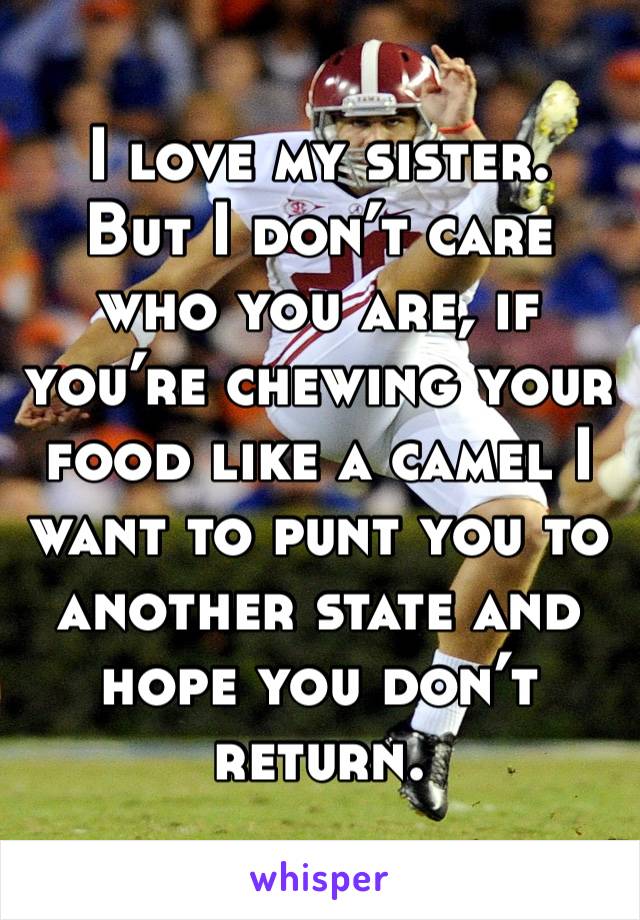 I love my sister.
But I don’t care who you are, if you’re chewing your food like a camel I want to punt you to another state and hope you don’t return.