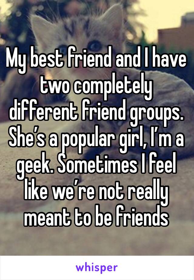 My best friend and I have two completely different friend groups. She’s a popular girl, I’m a geek. Sometimes I feel like we’re not really meant to be friends