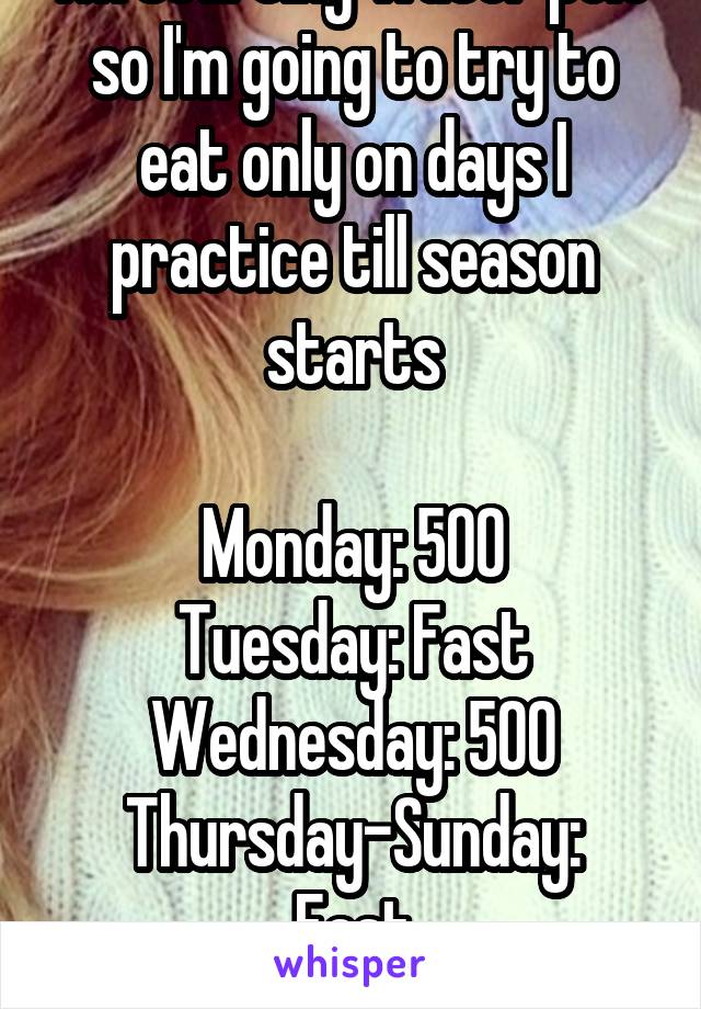 I'm starting water polo so I'm going to try to eat only on days I practice till season starts

Monday: 500
Tuesday: Fast
Wednesday: 500
Thursday-Sunday: Fast
(Thoughts?)