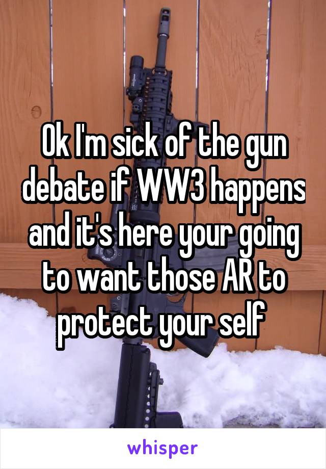 Ok I'm sick of the gun debate if WW3 happens and it's here your going to want those AR to protect your self 