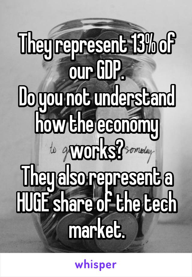 They represent 13% of our GDP.
Do you not understand how the economy works?
They also represent a HUGE share of the tech market.