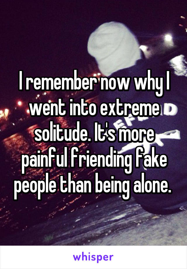 I remember now why I went into extreme solitude. It's more painful friending fake people than being alone. 