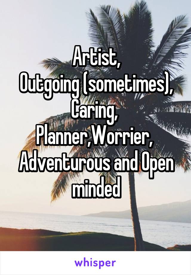 
Artist,
Outgoing (sometimes),
Caring, 
Planner,Worrier, 
Adventurous and Open minded

