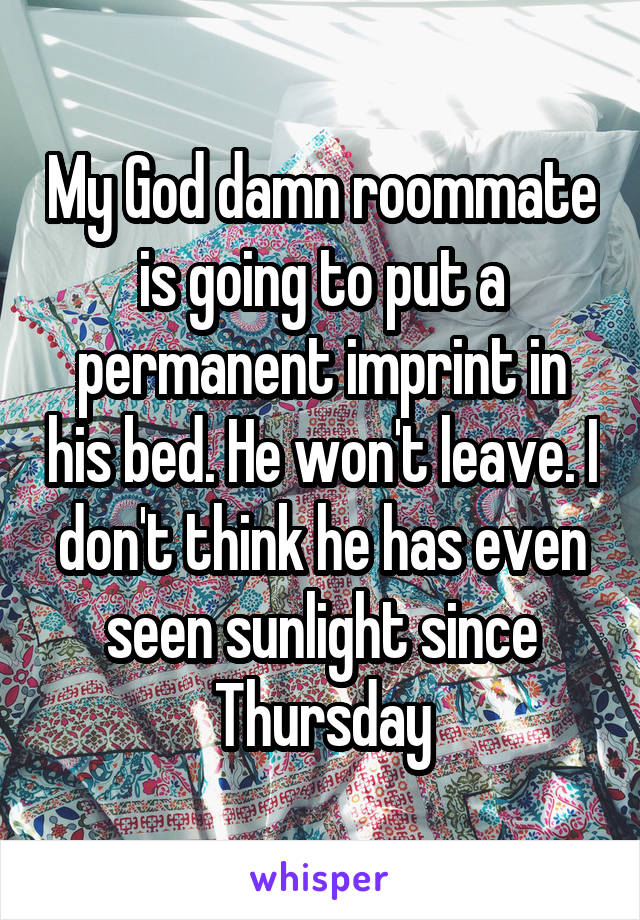 My God damn roommate is going to put a permanent imprint in his bed. He won't leave. I don't think he has even seen sunlight since Thursday