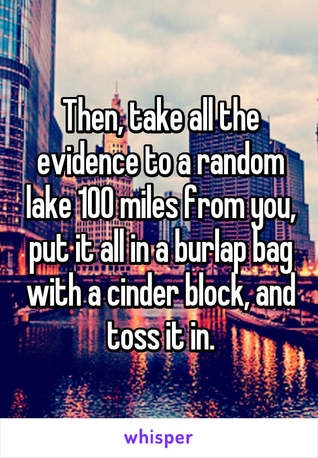 Then, take all the evidence to a random lake 100 miles from you, put it all in a burlap bag with a cinder block, and toss it in.