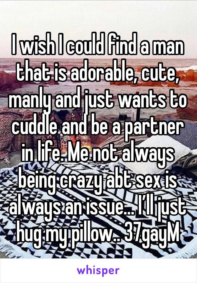 I wish I could find a man that is adorable, cute, manly and just wants to cuddle and be a partner in life. Me not always being crazy abt sex is always an issue... I’ll just hug my pillow.. 37gayM