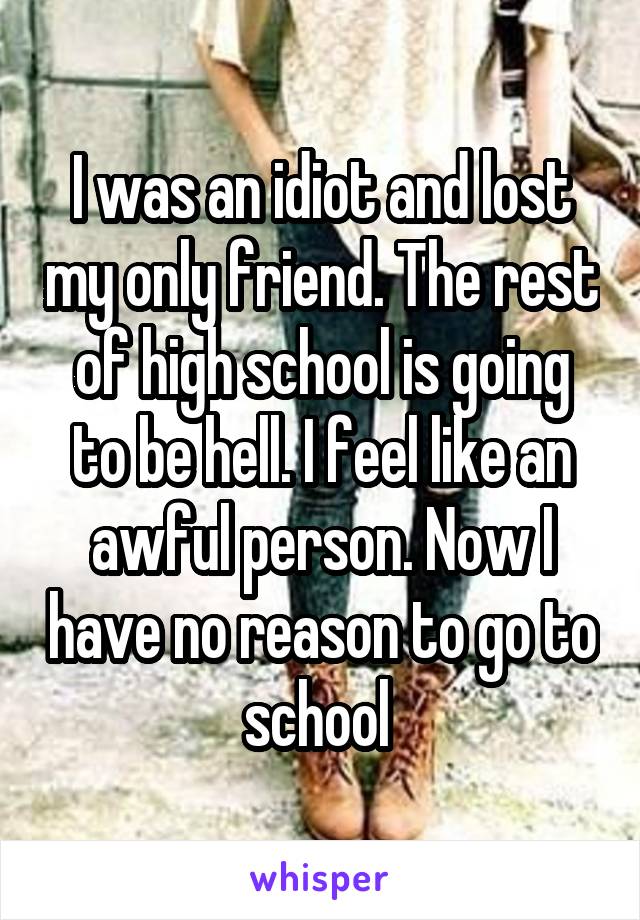 I was an idiot and lost my only friend. The rest of high school is going to be hell. I feel like an awful person. Now I have no reason to go to school 
