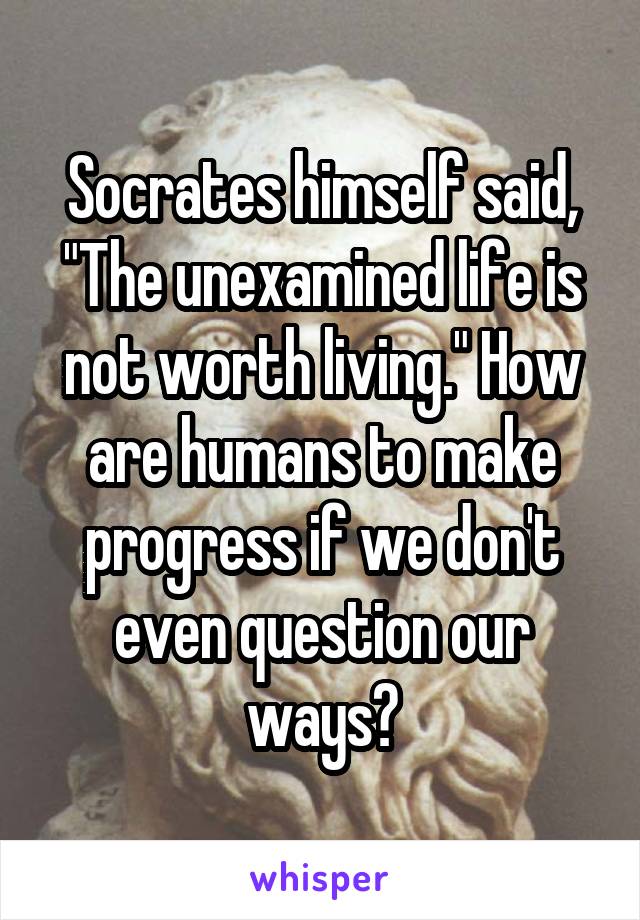 Socrates himself said, "The unexamined life is not worth living." How are humans to make progress if we don't even question our ways?