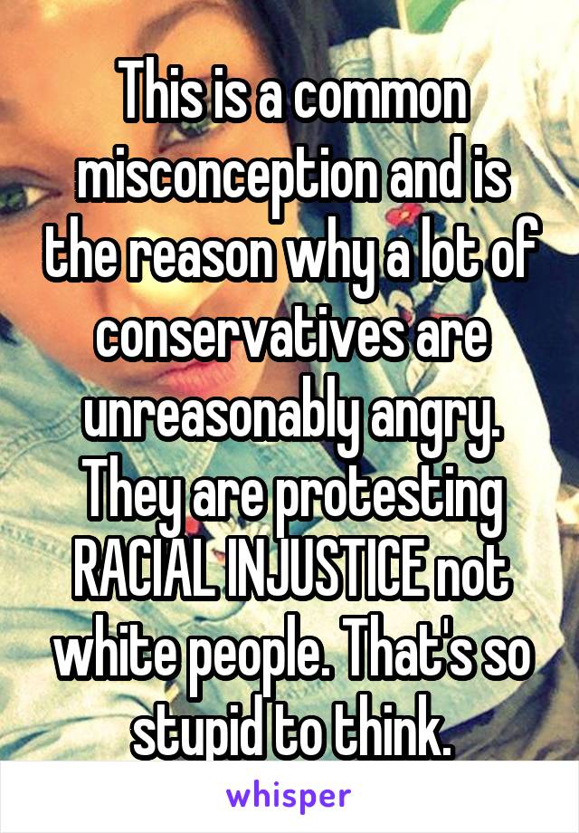 This is a common misconception and is the reason why a lot of conservatives are unreasonably angry. They are protesting RACIAL INJUSTICE not white people. That's so stupid to think.